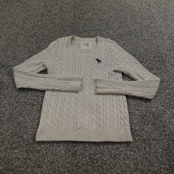 VTG Abercrombie Fitch Sweater Womens M White Cable Knit Crewneck Pullover Y2K - Picture 2 of 16